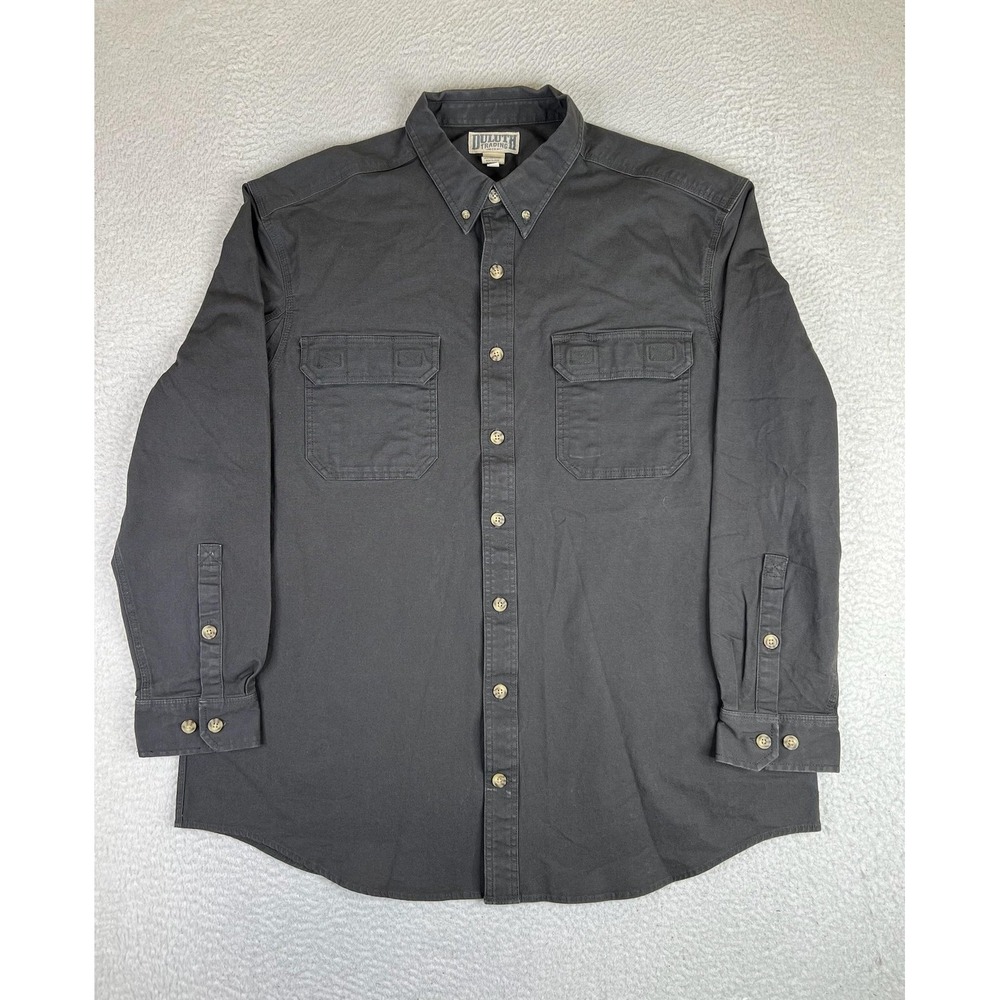 Duluth Trading Co Shirt Mens 2XLT Gray Twill Long Sleeve Button Up Workwear